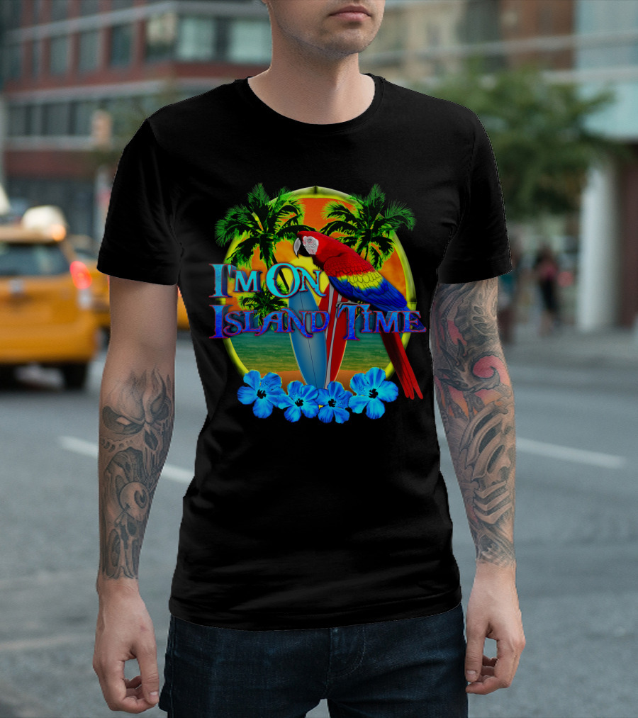 I'm On Island Time Parrot with Surfboards and Palm Trees Tropical Beach T-Shirt