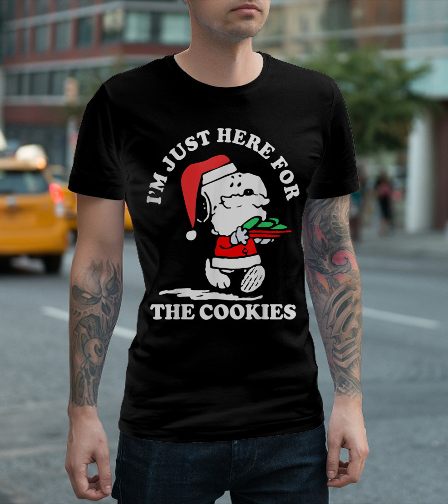I'm Just Here For The Cookies Santa Hat Dog Carrying Christmas Cookies T-Shirt