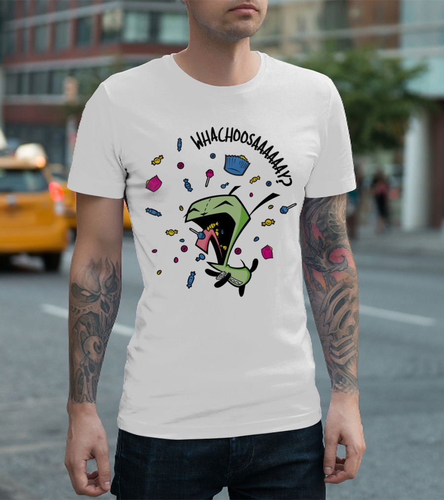 Whachoosaay Invader Zim Gir with Candy and Cupcakes T-Shirt