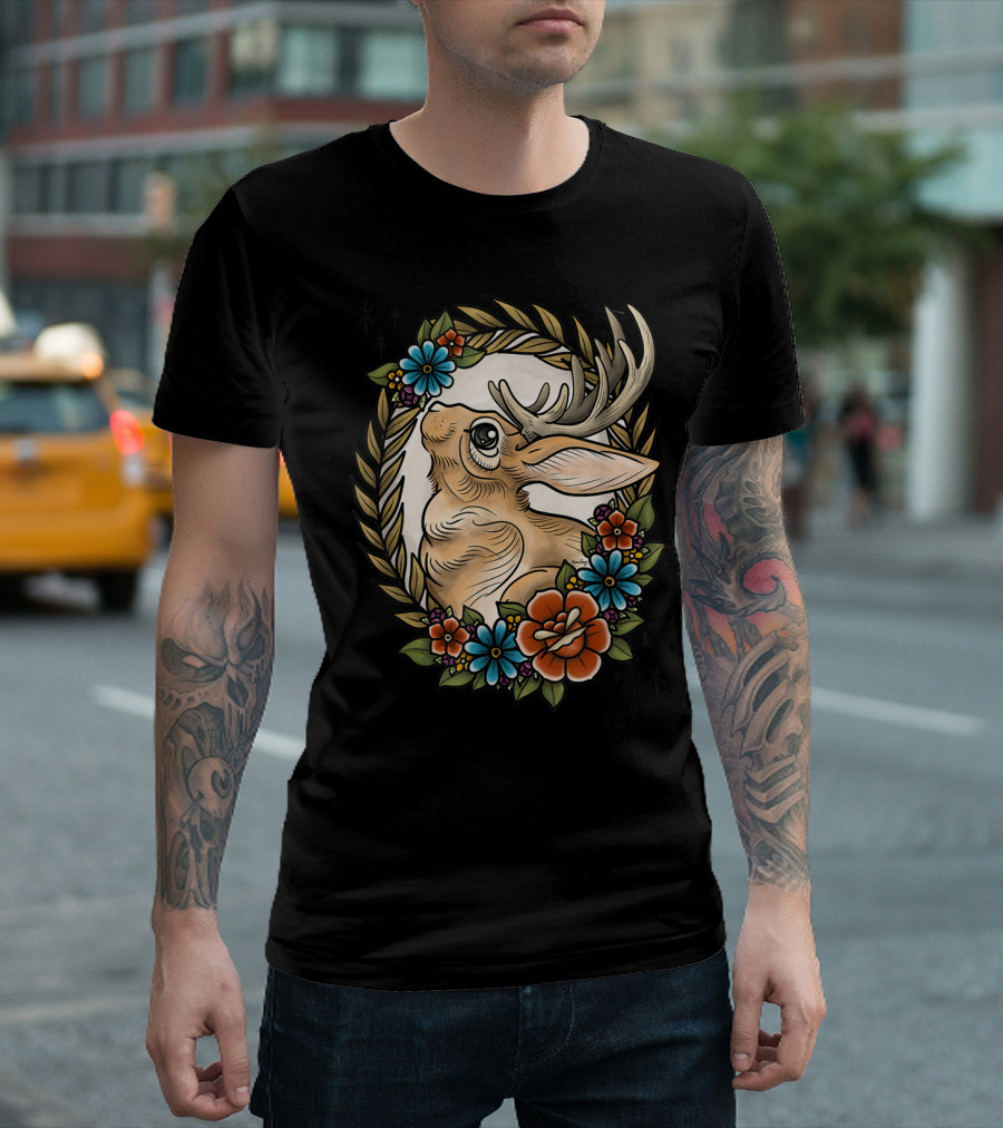Jackalope Surrounded by Colorful Flowers and Leaves T-Shirt