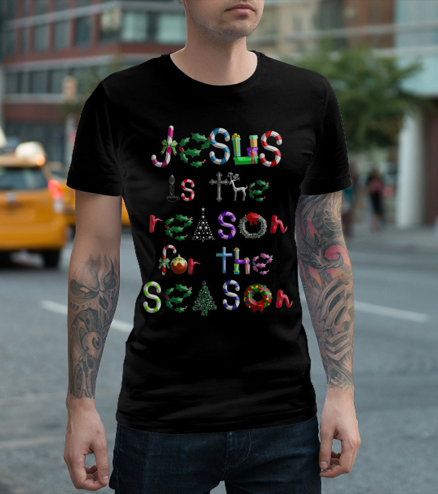Jesus Is The Reason For The Season Christmas Symbols Candy Canes Holly Cross Reindeer Tree Bow T-Shirt