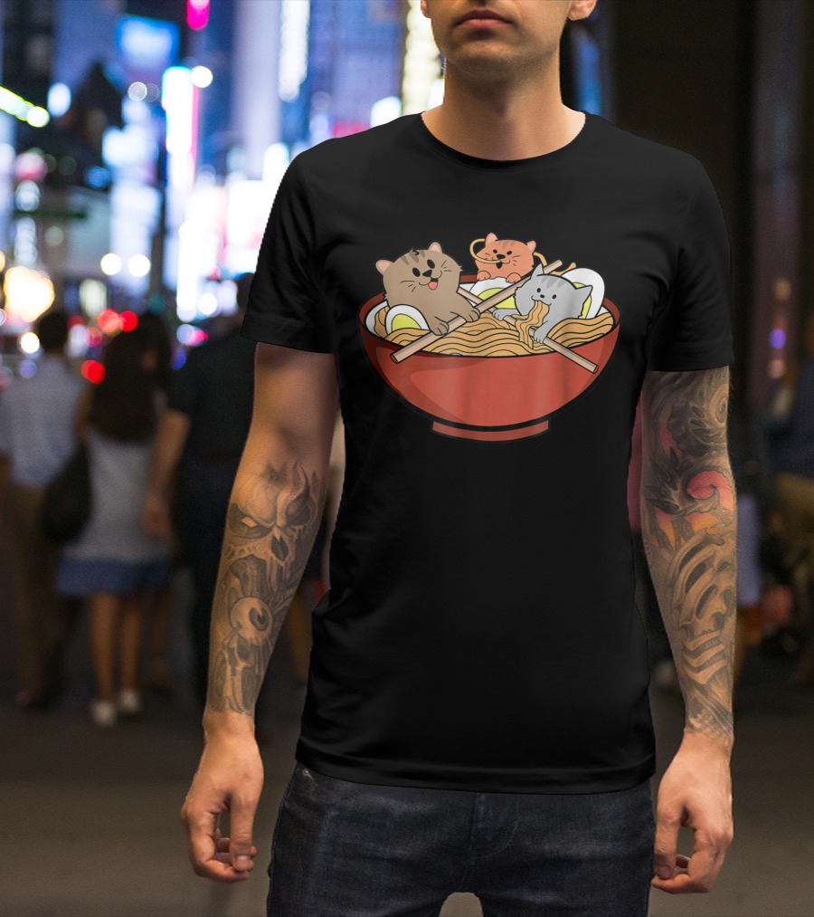 Kawaii Cats Eating Noodles Ramen Anime Bowl T-Shirt