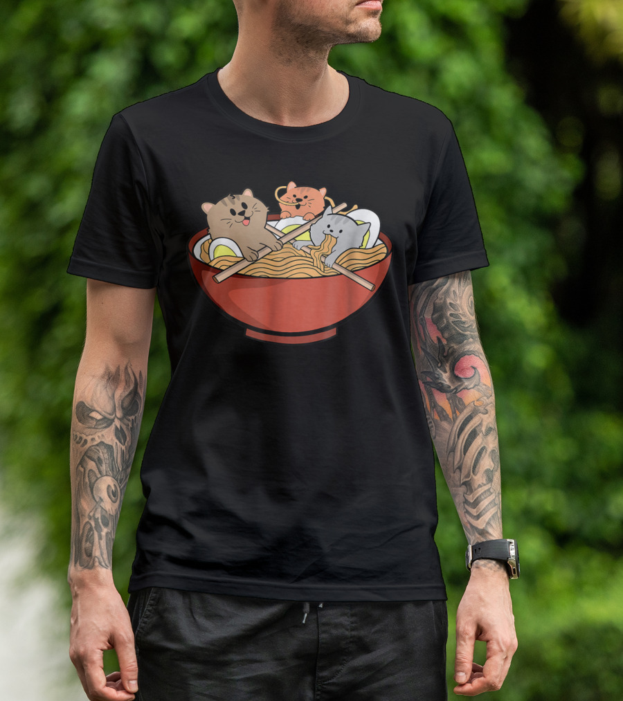 Kawaii Cats Eating Noodles Ramen Anime Bowl T-Shirt