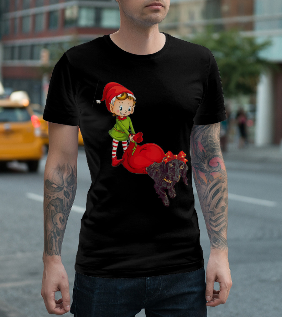 Kids Elf with Red Gift Sack and Black Dog in Santa Hat T-Shirt