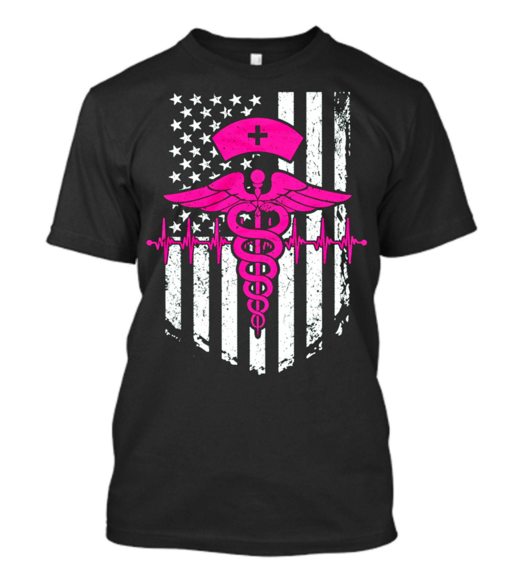 Nurse Pink Caduceus With USA Flag And Heartbeat T-Shirt