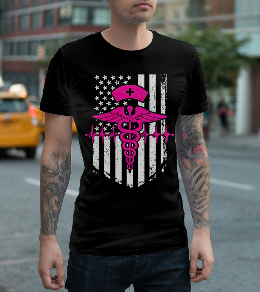 Nurse Pink Caduceus with USA Flag and Heartbeat T-Shirt