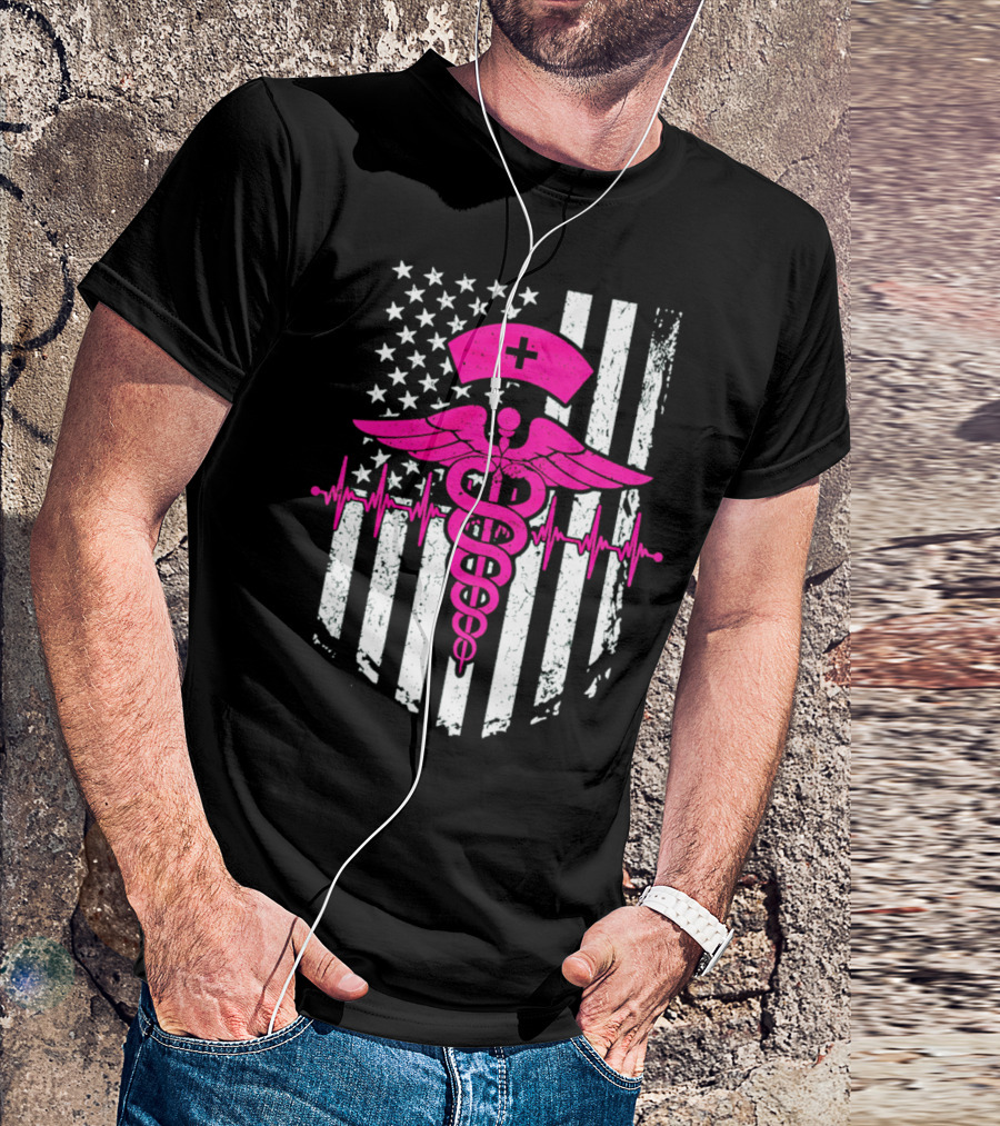 Nurse Pink Caduceus With USA Flag And Heartbeat T-Shirt