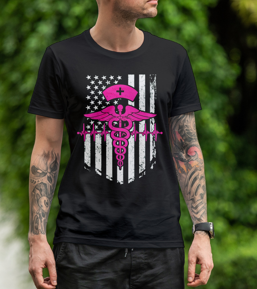 Nurse Pink Caduceus With USA Flag And Heartbeat T-Shirt