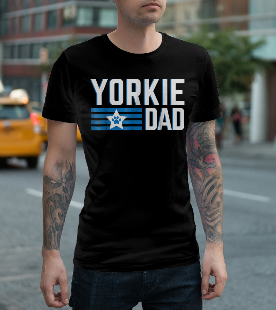 Yorkie Dad Yorkshire Terrier Dad Blue Paw Print Star T-Shirt