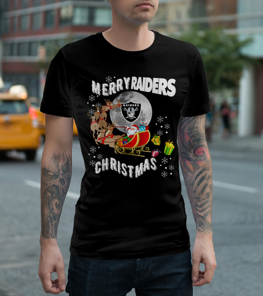 Merry Raiders Christmas Santa Sleigh Snowflakes Reindeer Presents T-Shirt