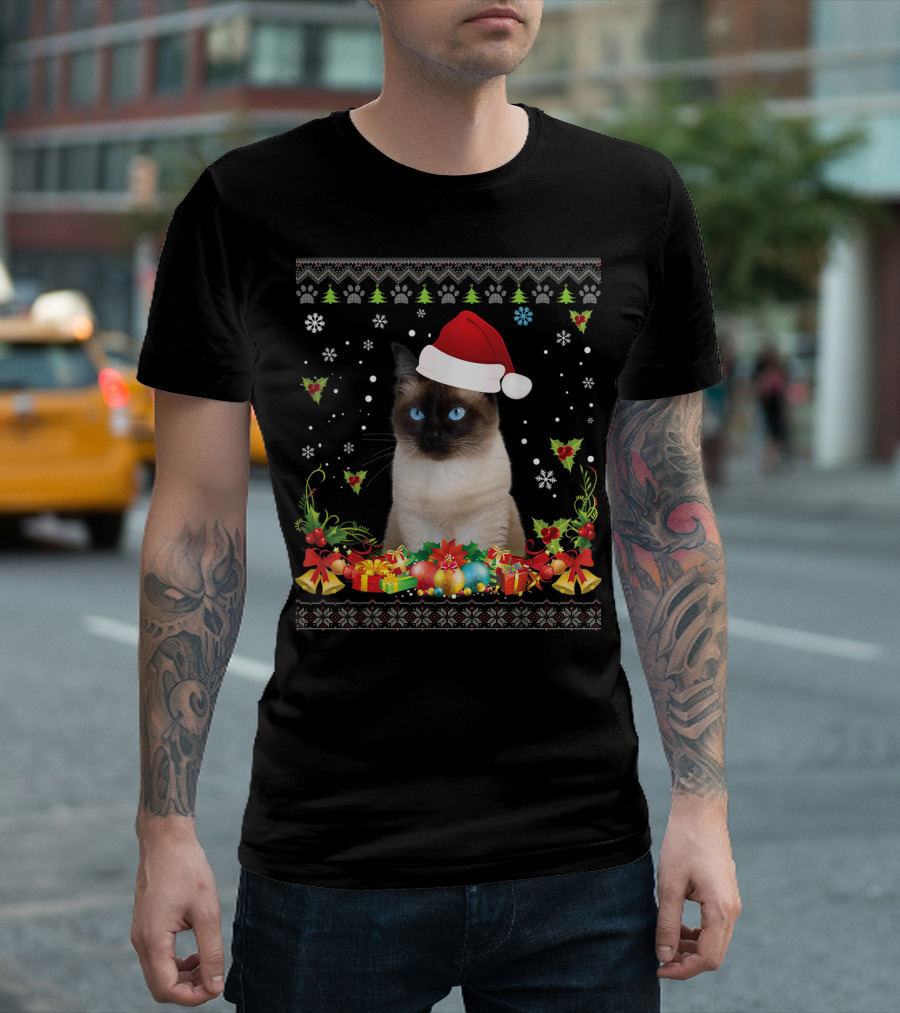 Merry Christmas Siamese Cat UglySweater Santa Hat Snowflake Ornaments T-Shirt