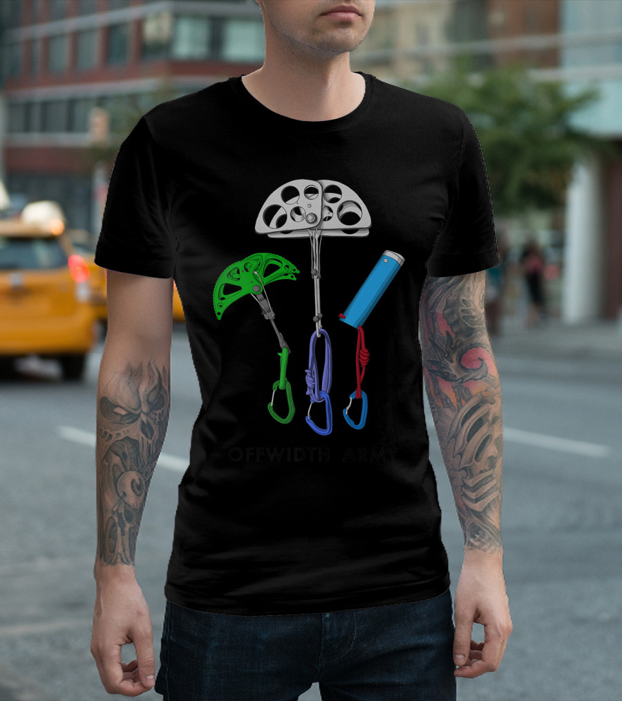 Offwidth Army Rock Climbing Gear Camming Devices and Nuts T-Shirt