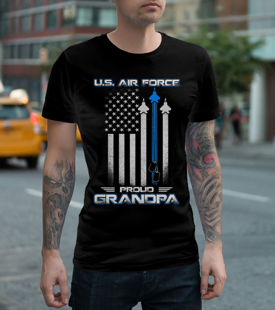 U.S. Air Force Proud Grandpa Flag and Fighter Jets with Dog Tags T-Shirt