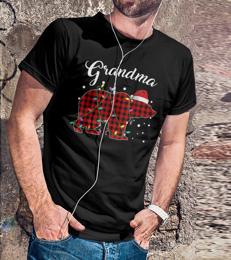 Grandma Bear Red Plaid Buffalo Christmas Lights T-Shirt