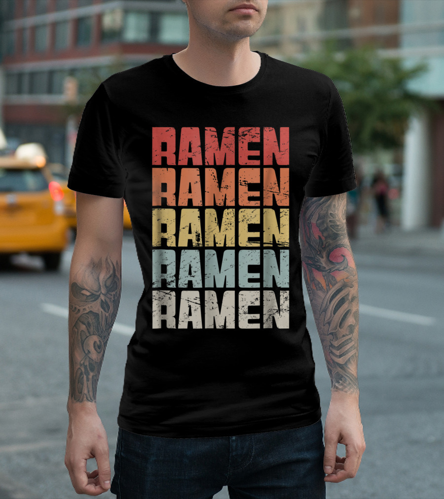 Retro Distressed Multicolor Ramen Repeated Text T-Shirt