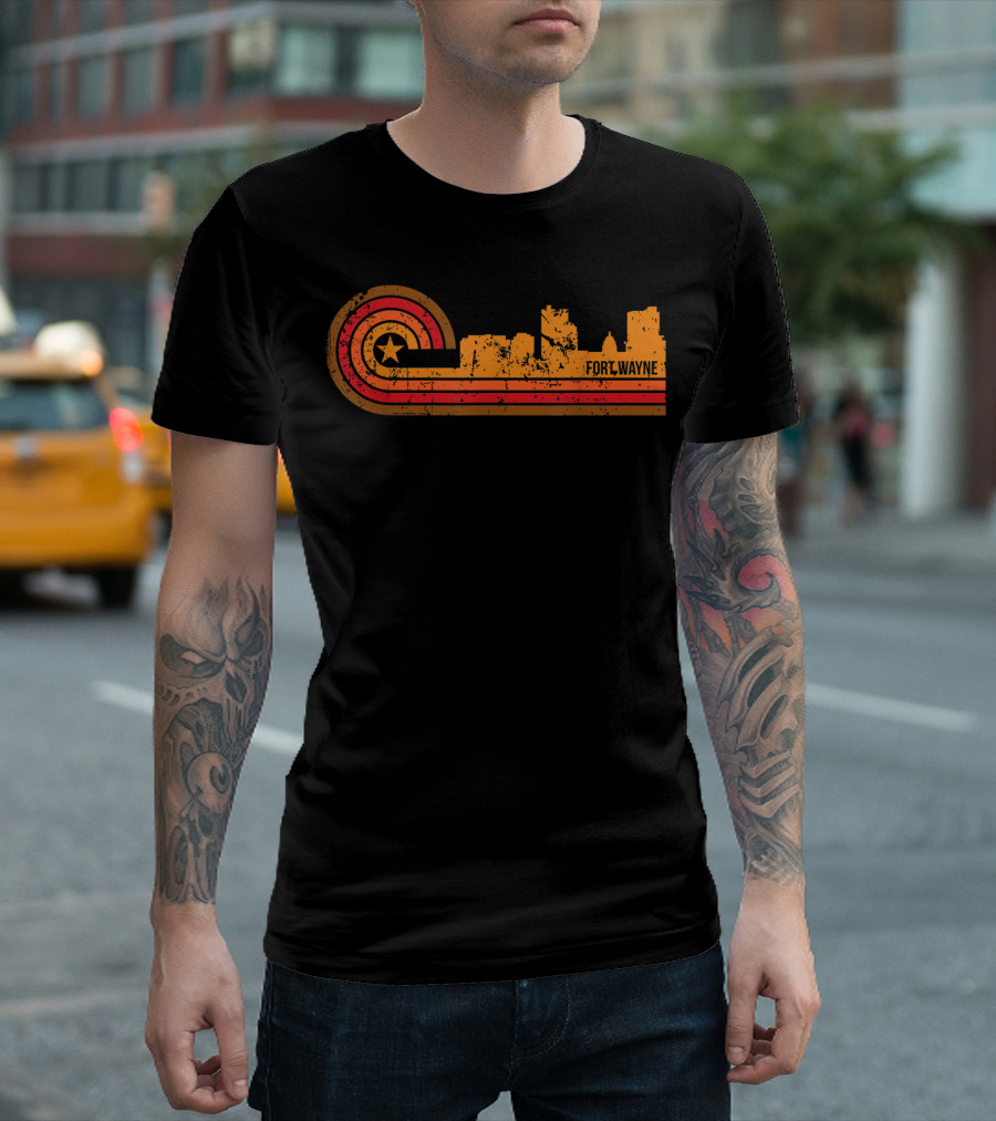 Retro Fort Wayne Indiana Skyline With Star And Stripes T-Shirt