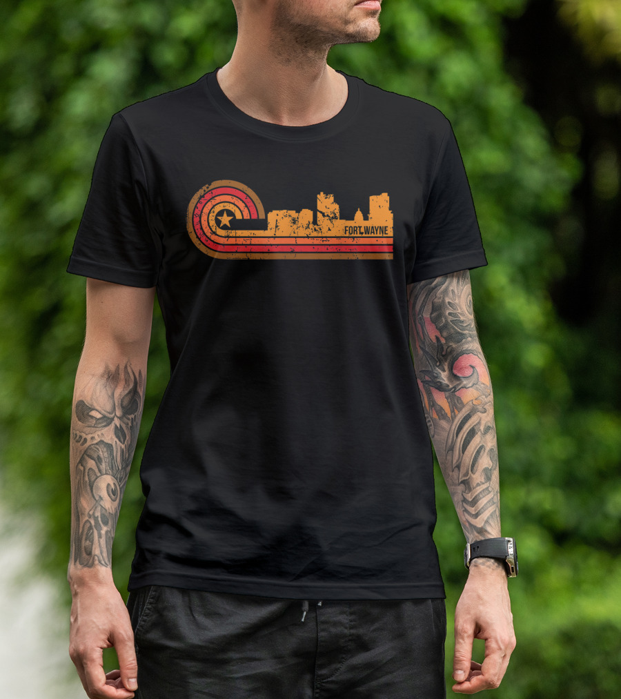 Retro Fort Wayne Indiana Skyline With Star And Stripes T-Shirt