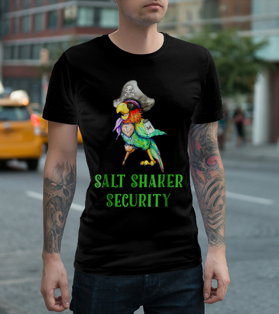 Salt Shaker Security Pirate Parrot with Skull Hat and Eye Patch T-Shirt
