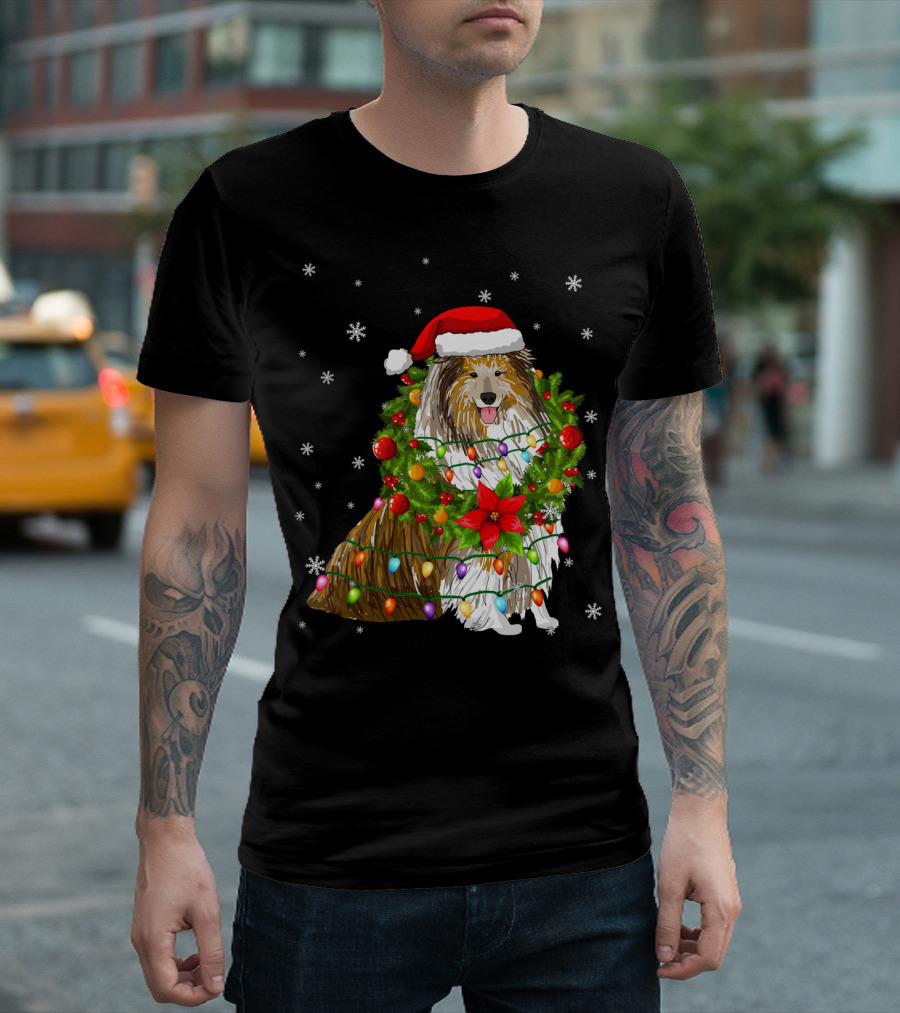 Santa Collie Dog Wrapped in Christmas Lights and Festive Garland T-Shirt