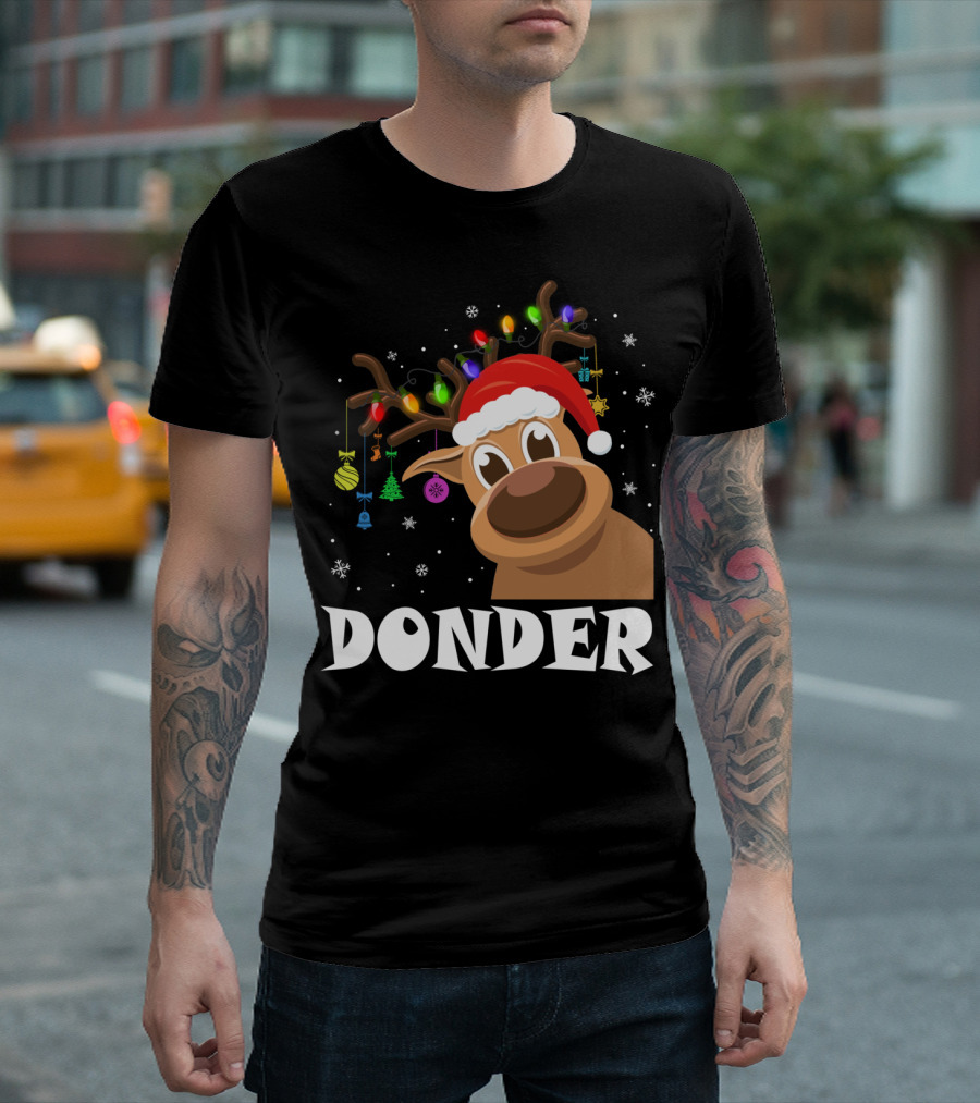 Santa Reindeer Donder Xmas Lights and Ornaments T-Shirt
