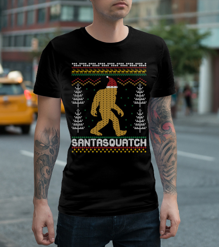 Santasquatch Bigfoot Christmas Sweater Pattern with Santa Hat and Trees T-Shirt