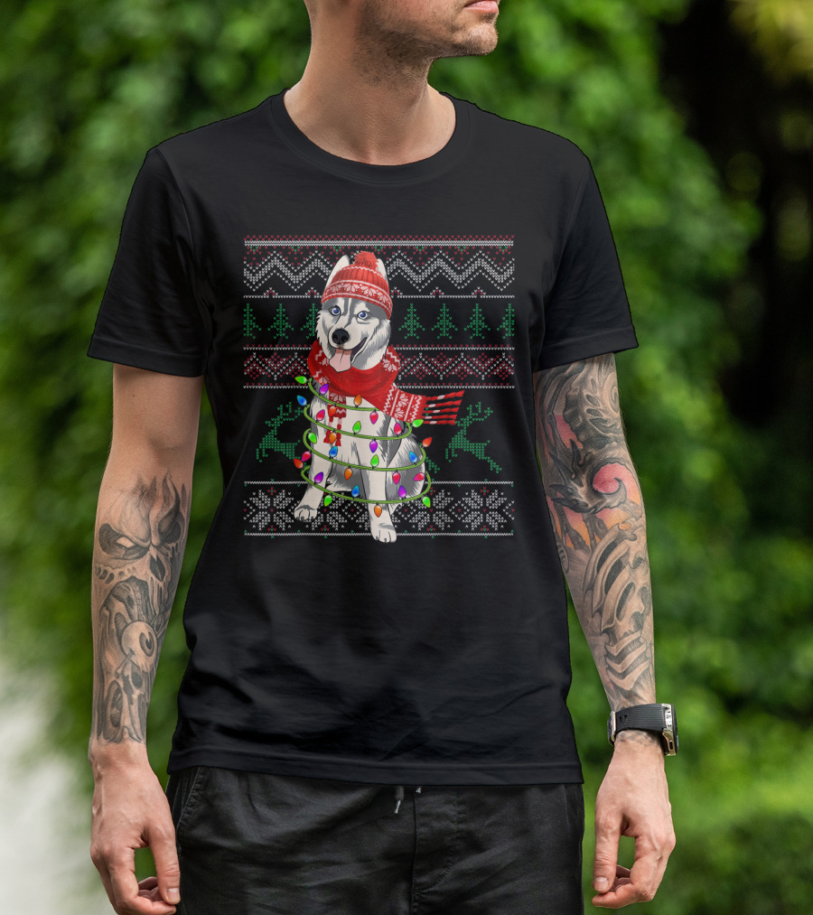 Siberian Husky Christmas Lights Holiday T-Shirt