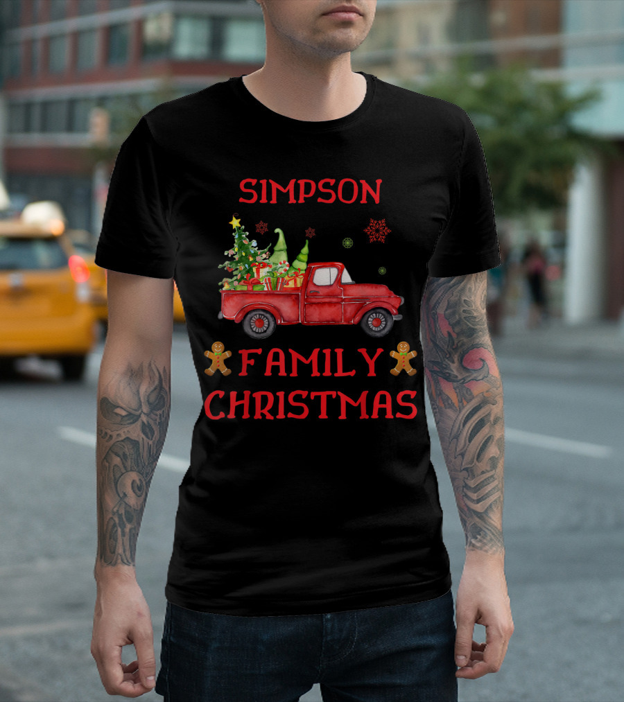 Simpson Family Christmas Old Red Truck with Tree and Gingerbread Men T-Shirt