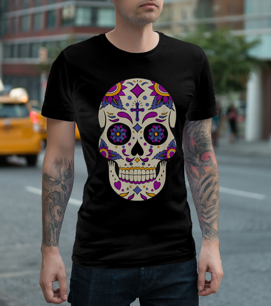 Sugar Skull Day Of The Dead Halloween Dia De Los Muertos Colorful Cross Floral T-Shirt