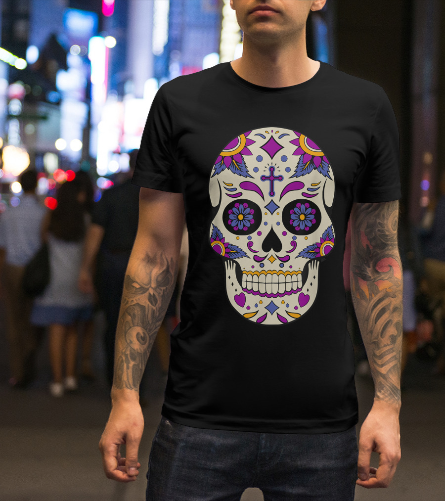 Sugar Skull Day Of The Dead Halloween Dia De Los Muertos Colorful Cross Floral T-Shirt