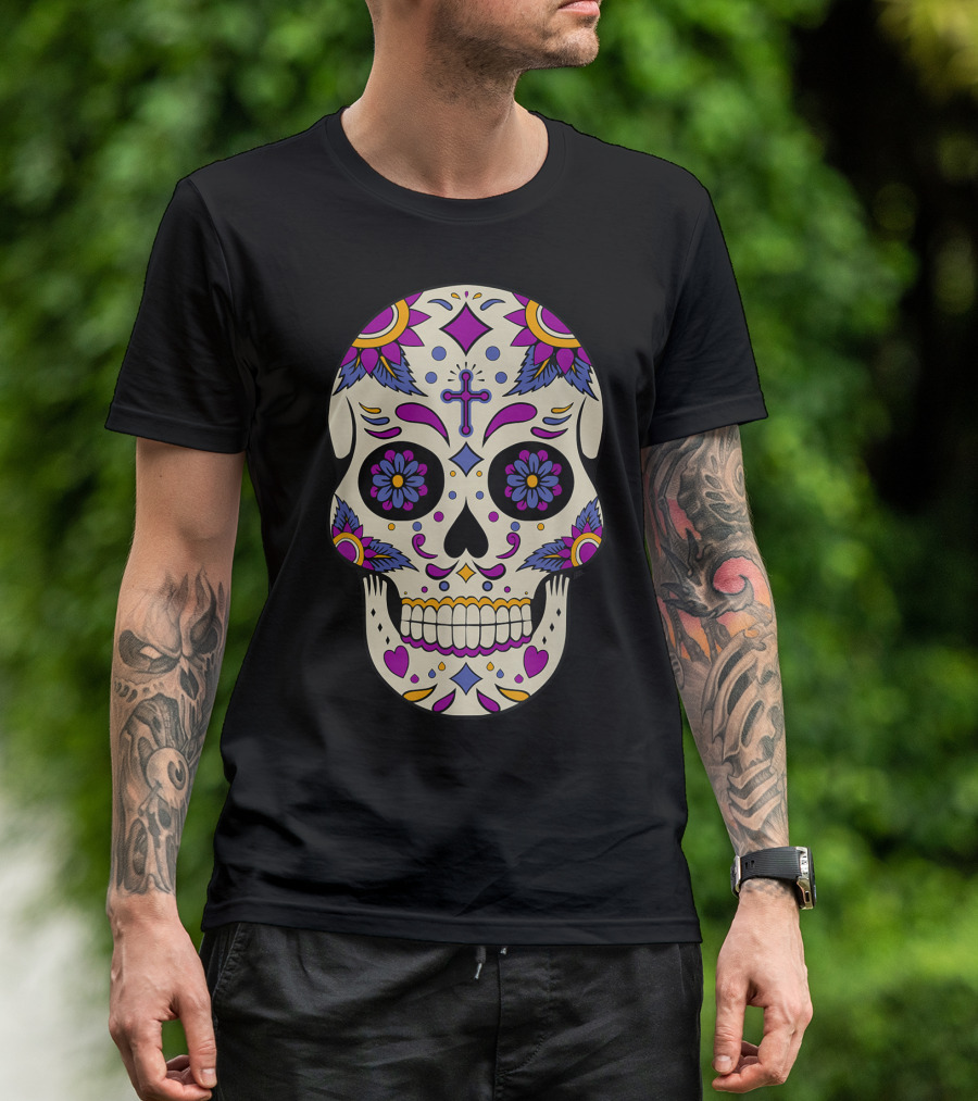 Sugar Skull Day Of The Dead Halloween Dia De Los Muertos Colorful Cross Floral T-Shirt