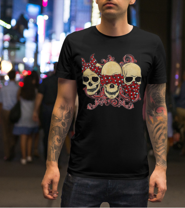 Tattoo Skull See No Evil Hear No Evil Speak No Evil Skulls With Polka Dot Bandanas T-Shirt