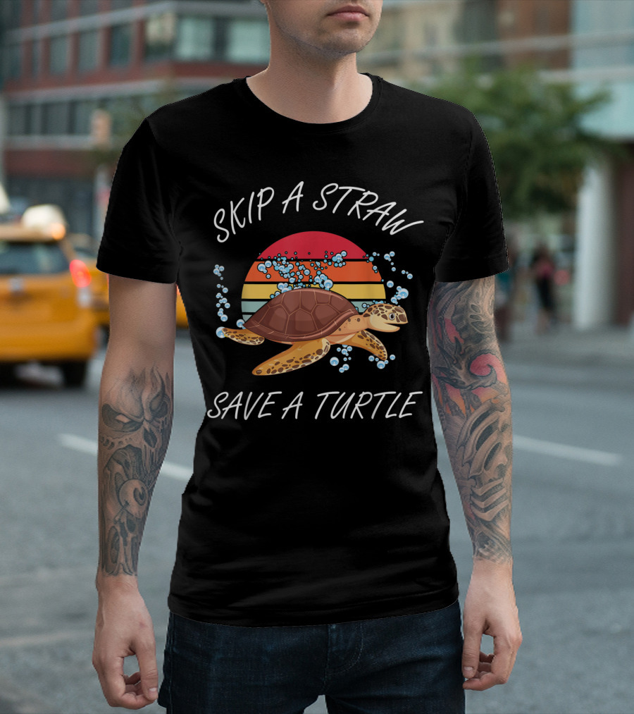Skip A Straw Save A Turtle Vintage Sunset Turtle Ocean Conservation T-Shirt