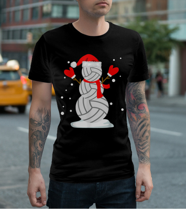 Volleyball Snowman With Santa Hat And Red Mittens T-Shirt