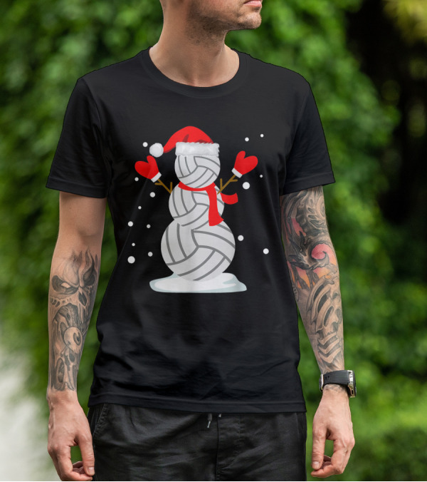 Volleyball Snowman With Santa Hat And Red Mittens T-Shirt