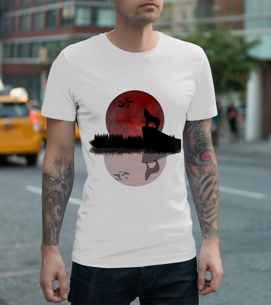 Wolf Howling at Blood Moon with Bats Silhouette and Starry Night Reflection T-Shirt