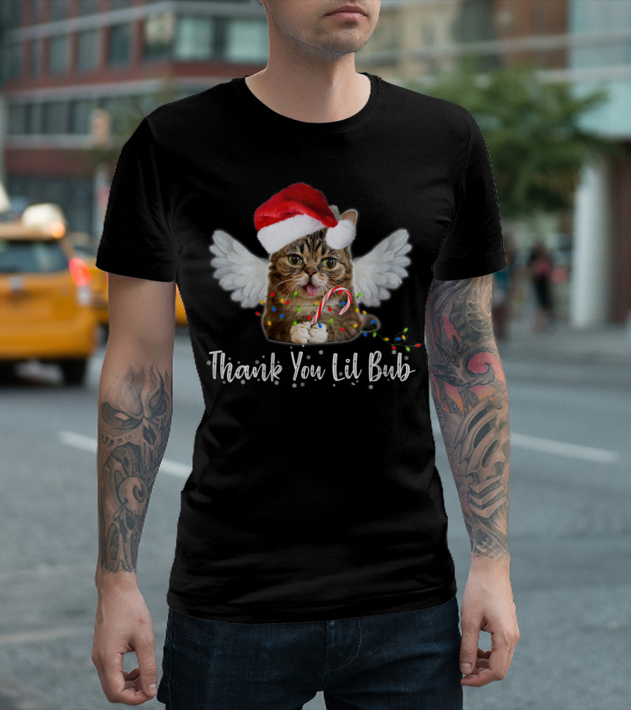 Thank You Lil Bub Angel Cat with Santa Hat and Candy Cane T-Shirt