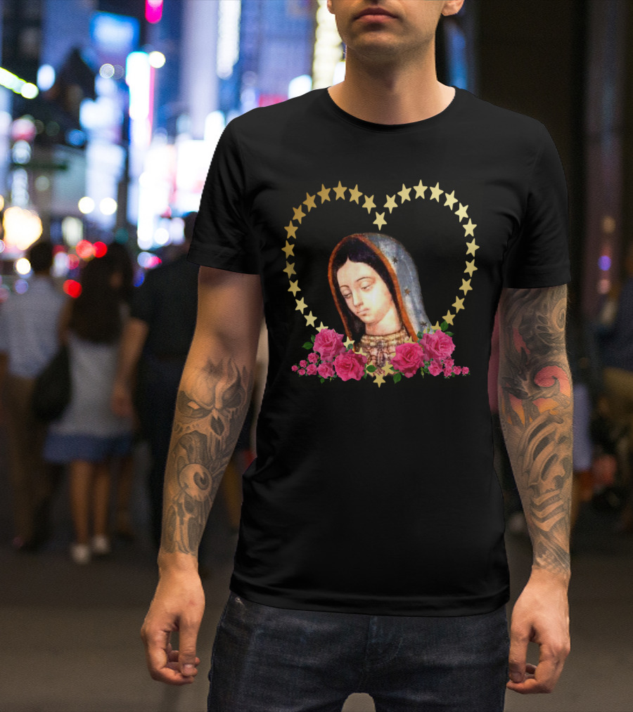 Our Lady Of Guadalupe Mexican Virgin Mary With Gold Stars And Roses T-Shirt