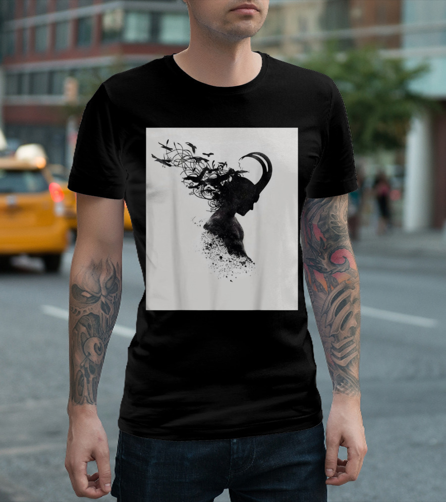 Loki Norse God of Mischief Silhouette with Birds and Horns T-Shirt