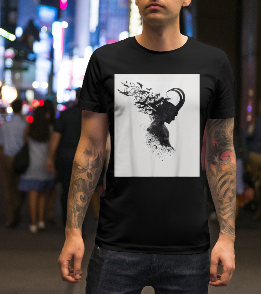 Loki Norse God Of Mischief Silhouette With Birds And Horns T-Shirt