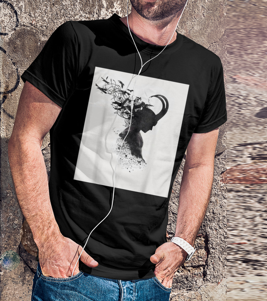 Loki Norse God Of Mischief Silhouette With Birds And Horns T-Shirt