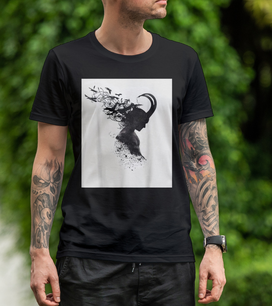 Loki Norse God Of Mischief Silhouette With Birds And Horns T-Shirt