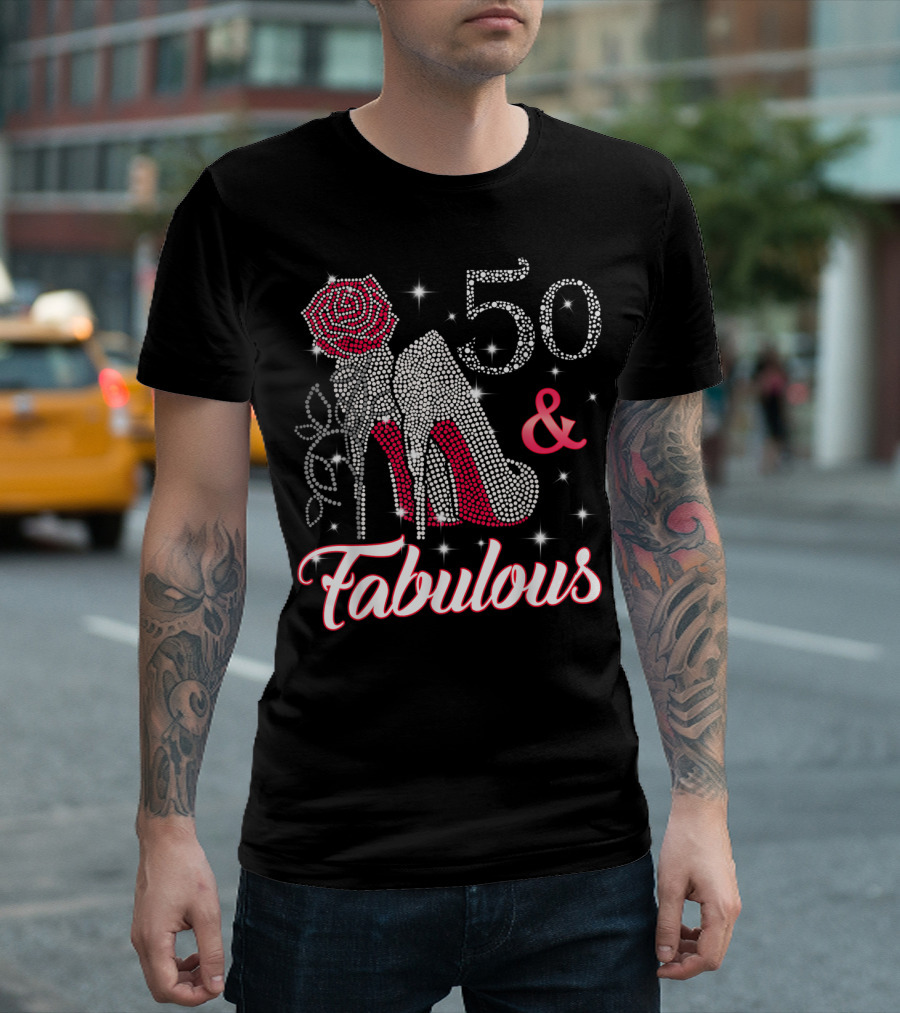 50 and Fabulous Sparkling High Heels and Rose T-Shirt