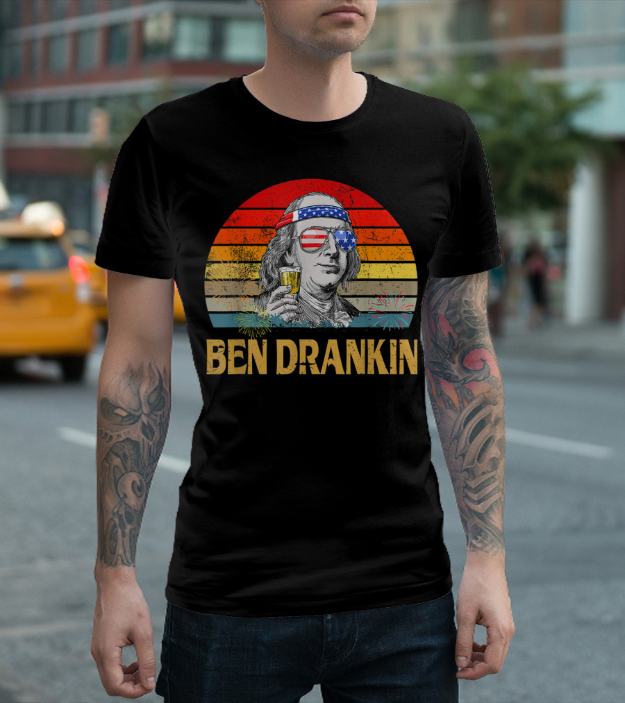 Ben Drankin 4th Of July Funny Vintage Distressed American Flag Fireworks T-Shirt