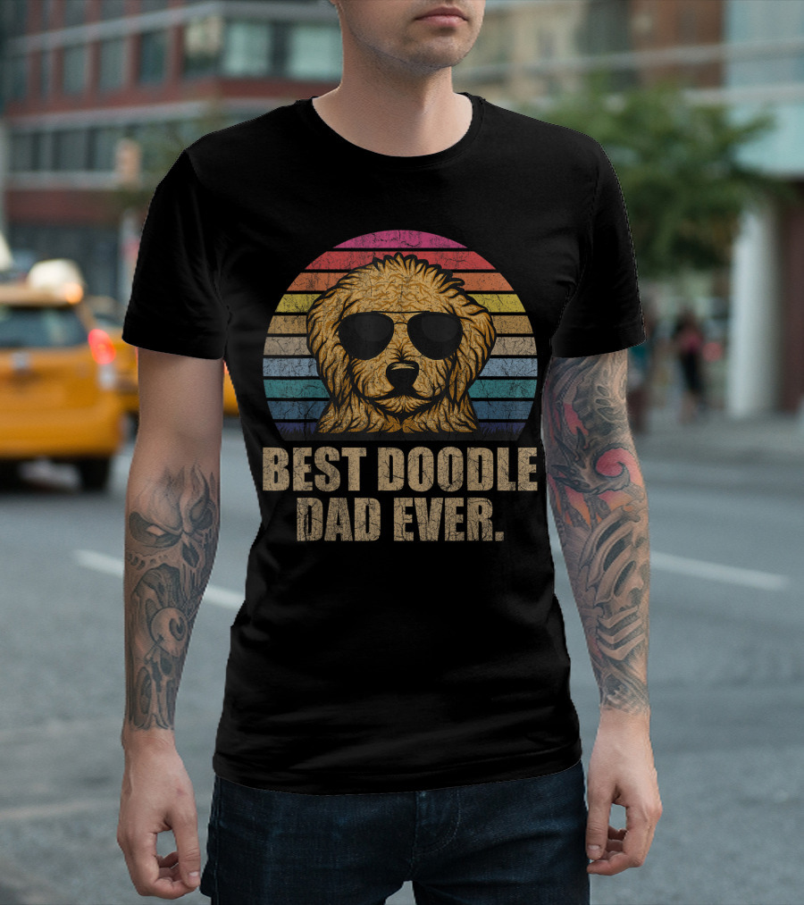 Best Doodle Dad Ever Vintage Goldendoodle Sunglasses Rainbow Stripes T-Shirt