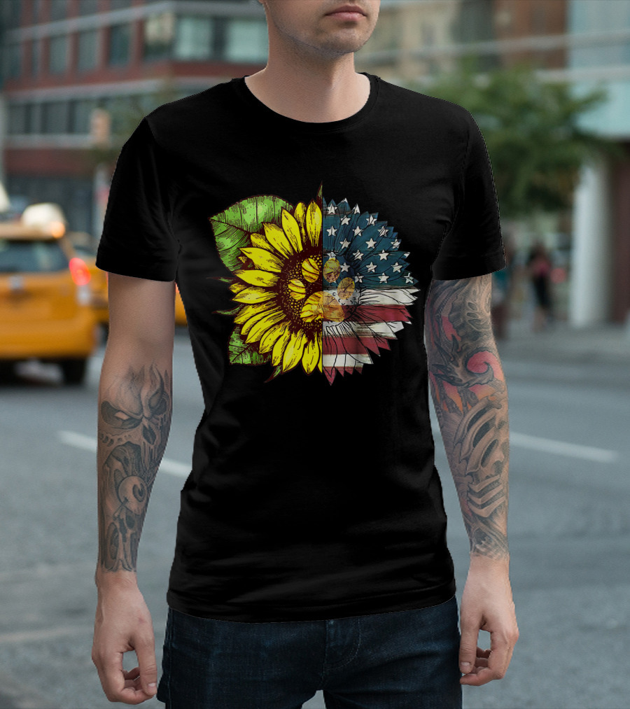 Dog Sunflower American Flag Paw Patriotic July 4th T-Shirt