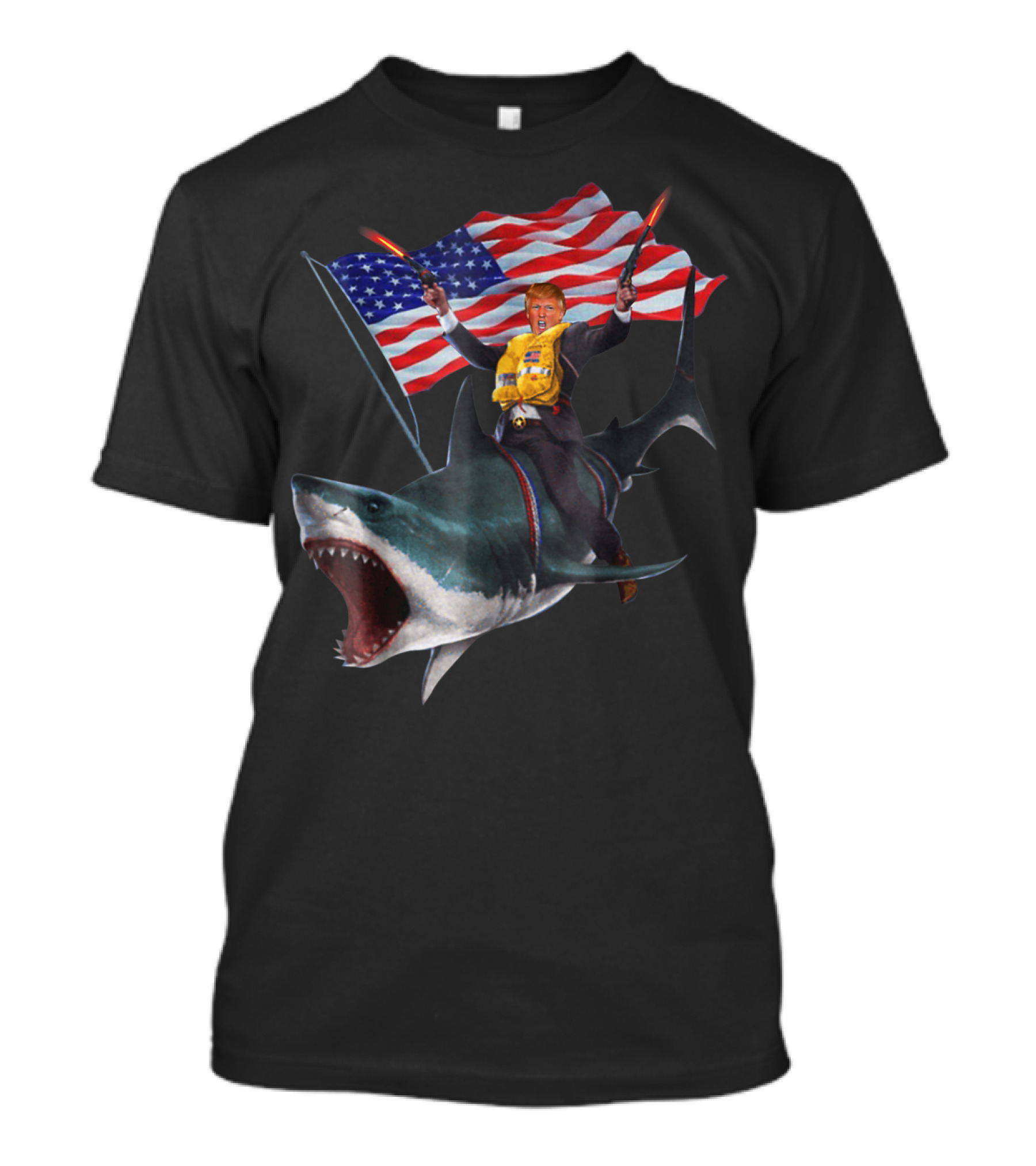 Donald Trump Riding Shark With American Flag On 4th Of July T-Shirt
