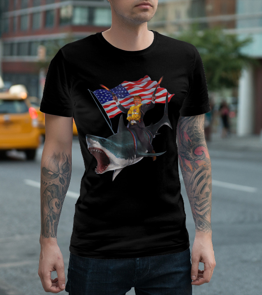 Donald Trump Riding Shark With American Flag On 4th Of July T-Shirt