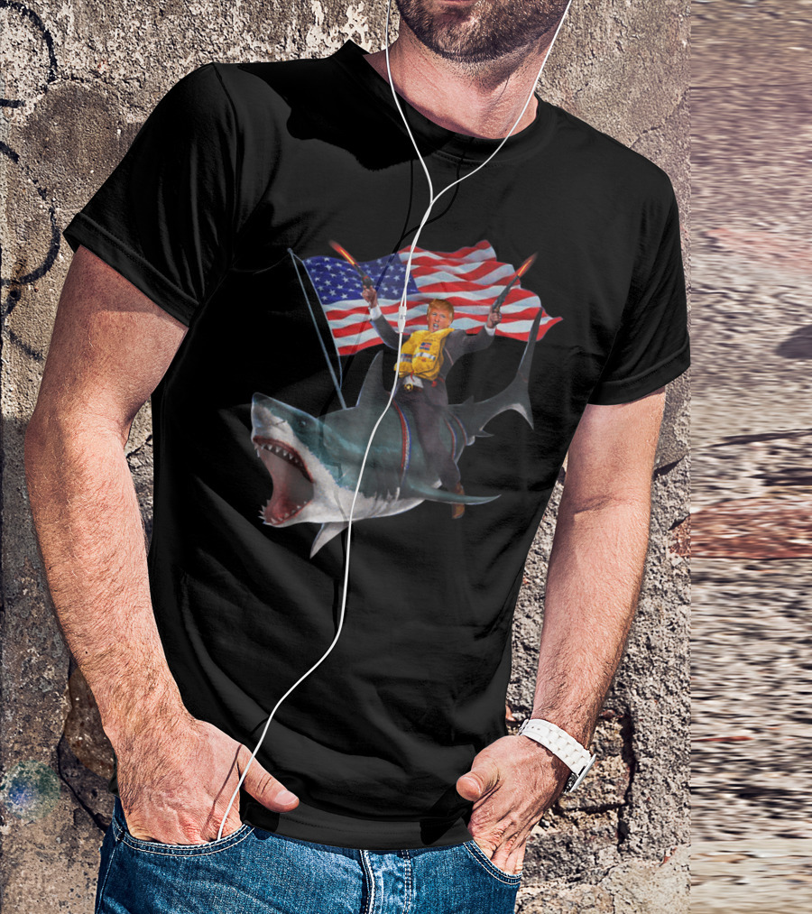 Donald Trump Riding Shark With American Flag On 4th Of July T-Shirt