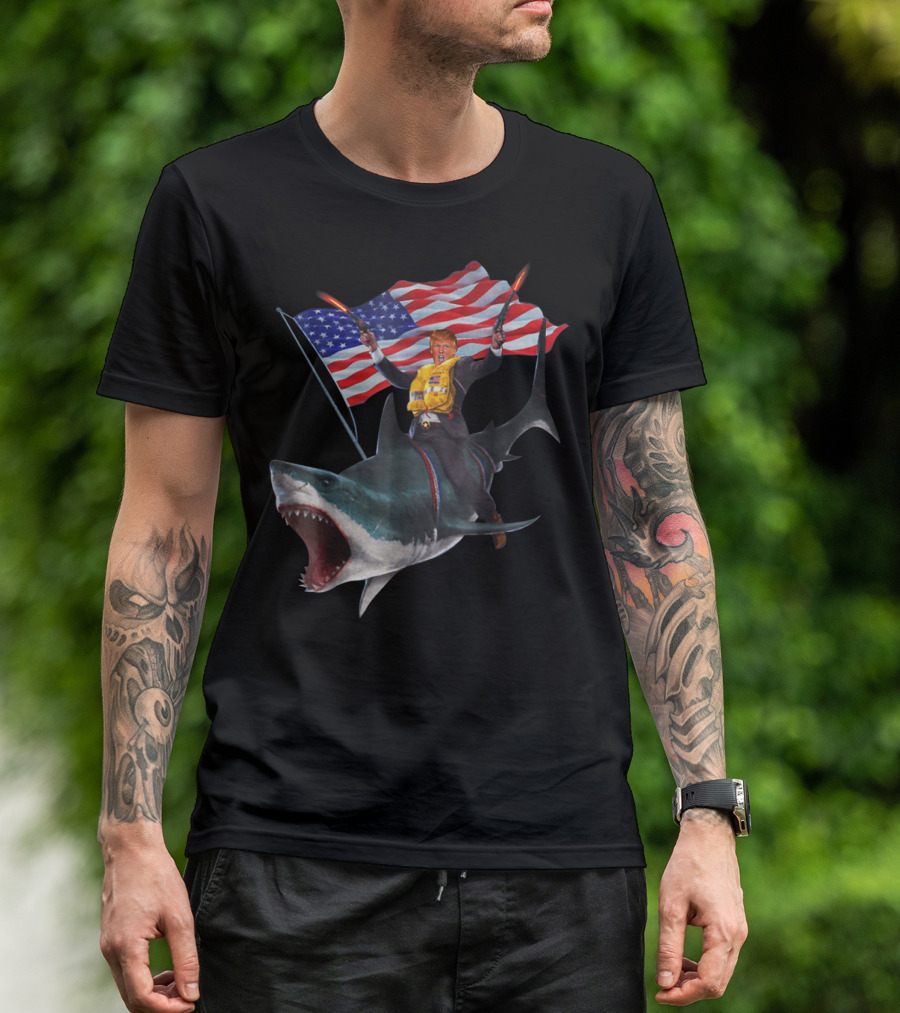 Donald Trump Riding Shark With American Flag On 4th Of July T-Shirt