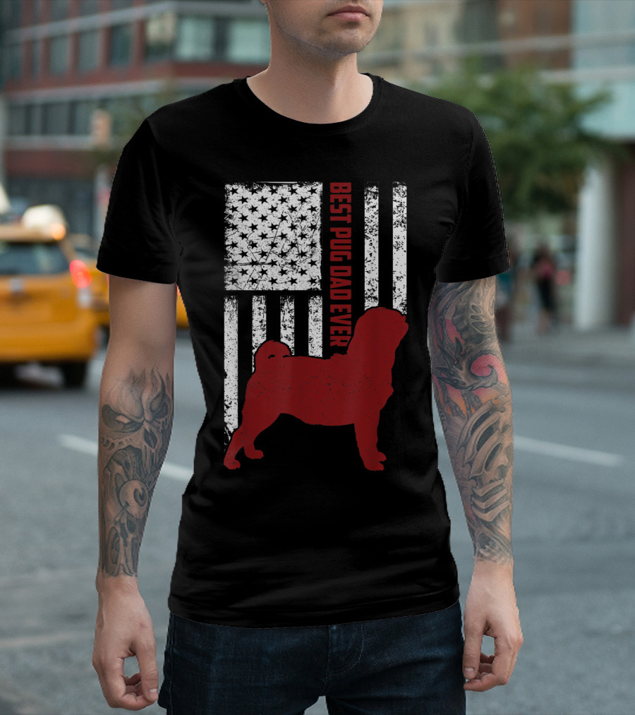 Best Pug Dad Ever Vintage USA Flag American T-Shirt